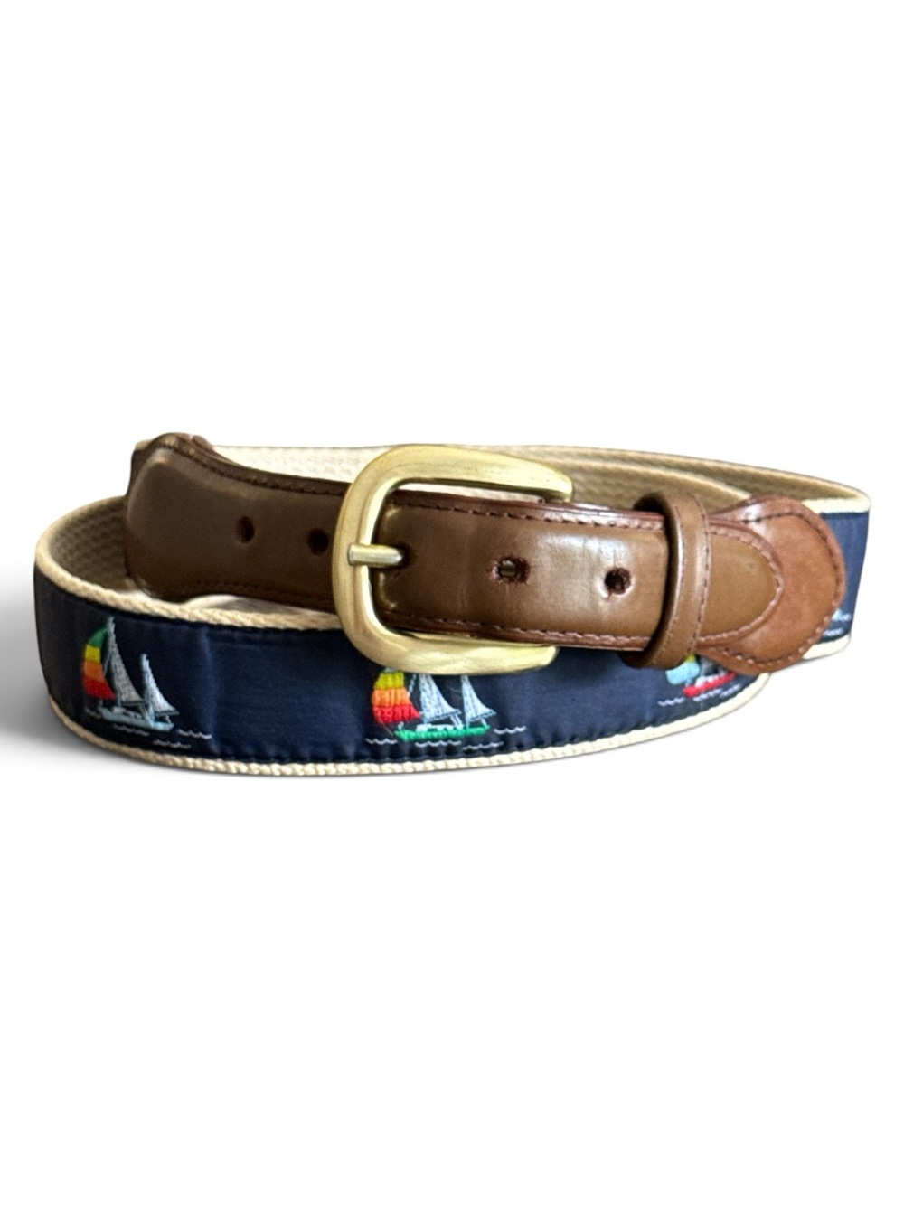 Vintage Canterbury Sailboat Ribbon Belt 36 Leather Canvas Nautical Prep 80s 90s